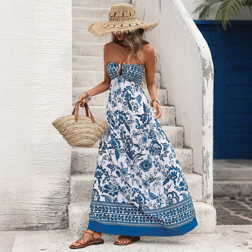 Womens Summer Vacation Strapless Maxi Dress Ethnic Print Sexy